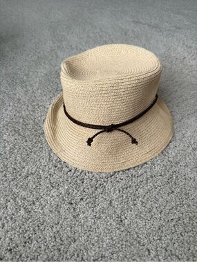 Nine West Beige Straw Sun Hat with Brown Cord Trim